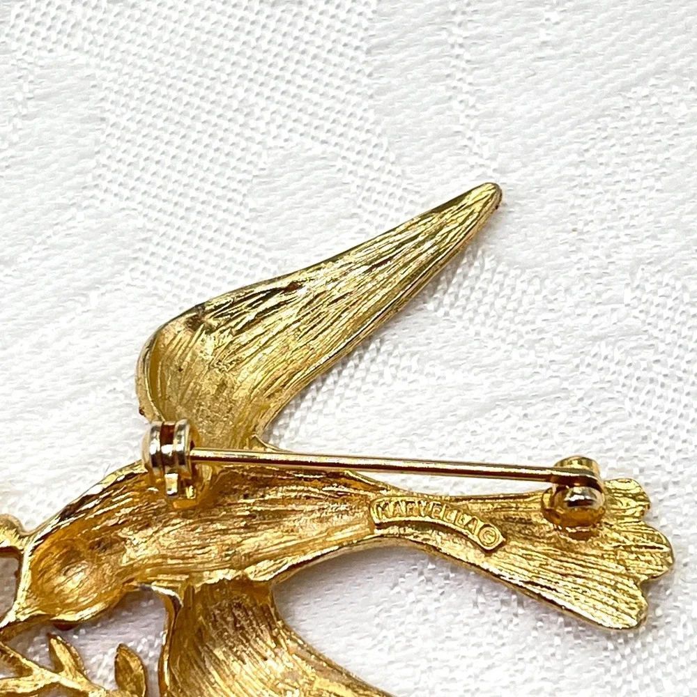 Vintage Marvella Bird w/ Olive‎ Branch Brooch w/ Faux Pearls and Rhinestones